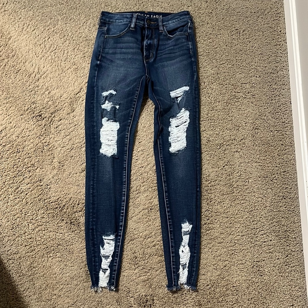 American Eagle Super Stretch Super High Rise Dark Wash Ripped Jeggings- Jeans